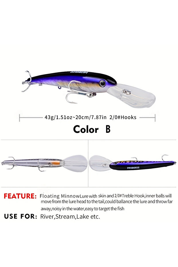 COLOR B 1pc 20cm Floating Fishing Lure with Hooks - Lifelike Artificial Bait for Freshwater and Salt