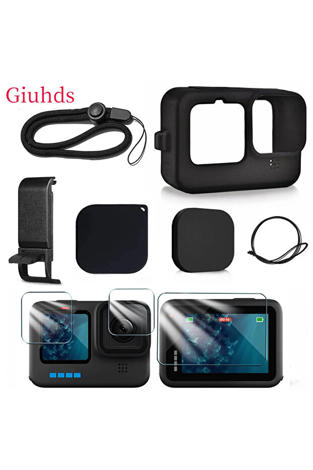 black set 3 Silicone Case for GoPro Hero 12 11 10 9 Black Tempered Glass Screen Protector Protective