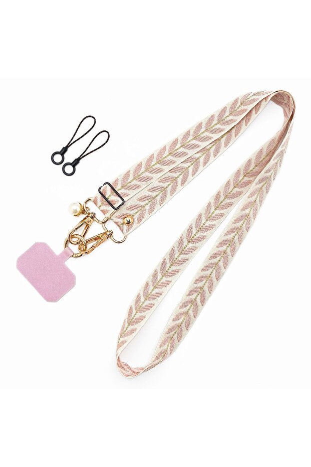 Pink New Adjustable Leaf Pearl Phone Lanyard Multi Functional Single Shoulder Crossbody Phone Rope F