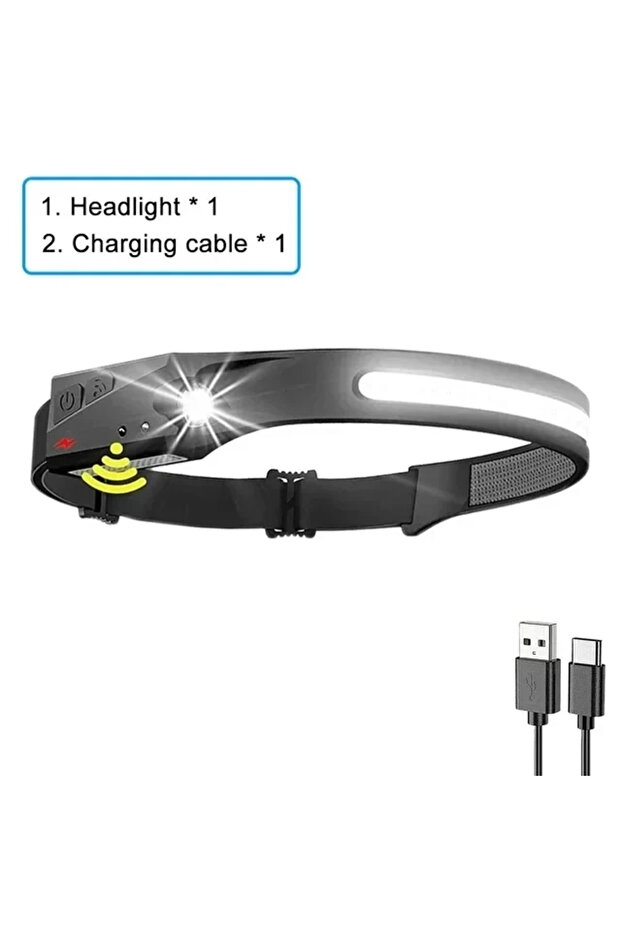 مصباح رأس مزود بمستشعر LED، قابل لإعادة الشحن عبر منفذ USB، مزود ببطارية مدمجة، مناسب للاستخدام الخارجي