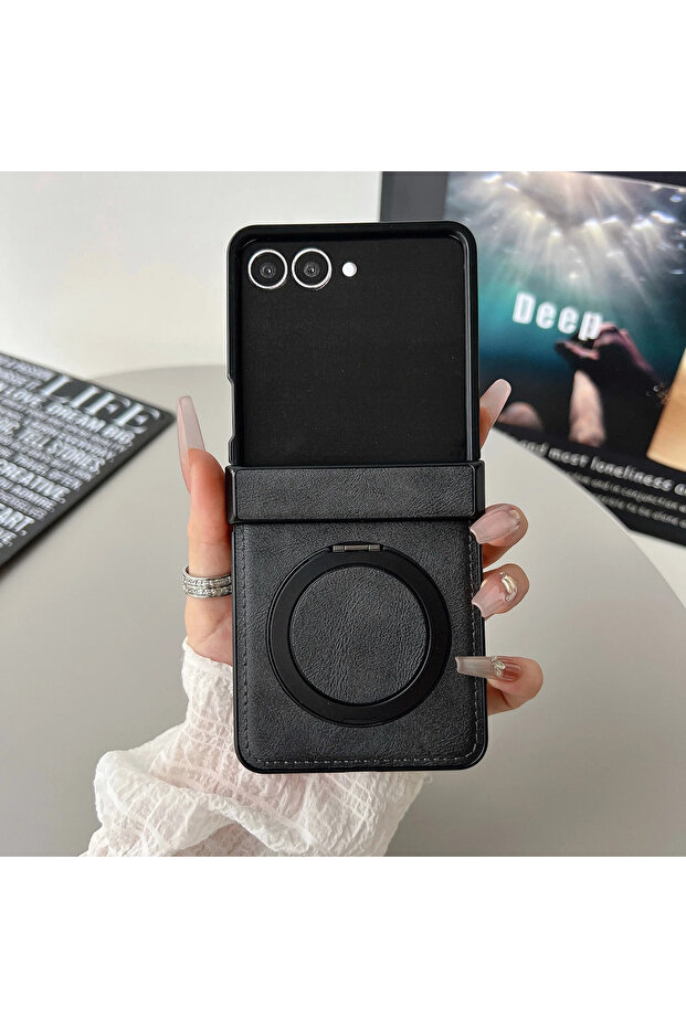 Galaxy Z Flip7 Black Magnetic Leather Phone Case For Z Flip 7 FE 6 5 4 3 Flip7 Flip6 Flip5 5G Rin
