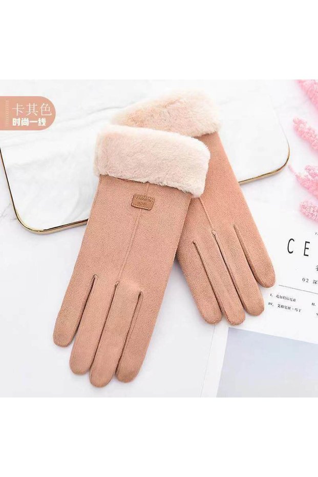 khaki Women's Winter Suede Gloves Fleece Warm Windproof Full Finger Gloves Touchscreen Cold Weather