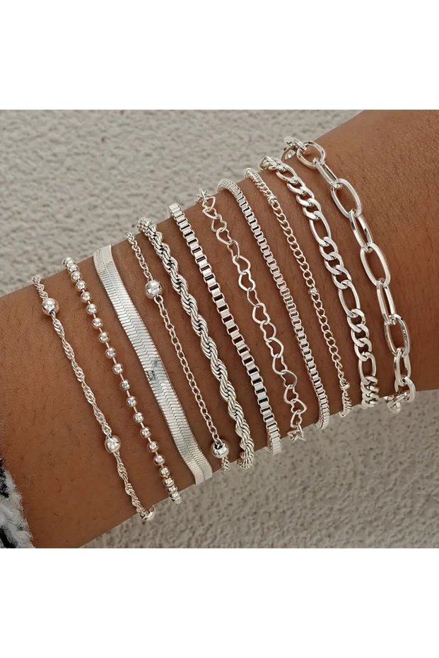 AYA6187001 11pcs Chic Snake Chain Bracelet Set for Women Boho Simple Elegant Heart Geometric Chain V