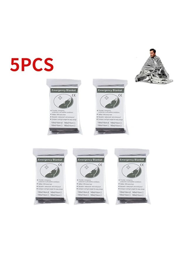 5PCS-Silver 130x210cm Emergency Survival Blanket – Gold/Silver Thermal Foil for Hunting First Aid, W
