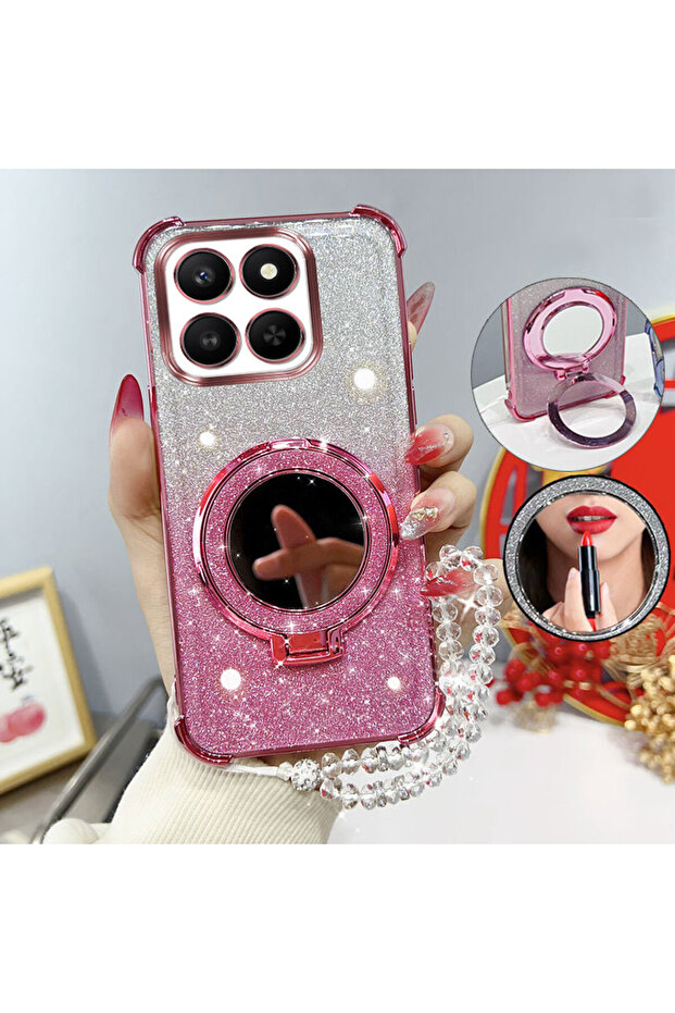 Honor 400 Smart Case & Strap Pink Glitter Four-Corner Shockproof Phone Case with Mirror Stand Beaded