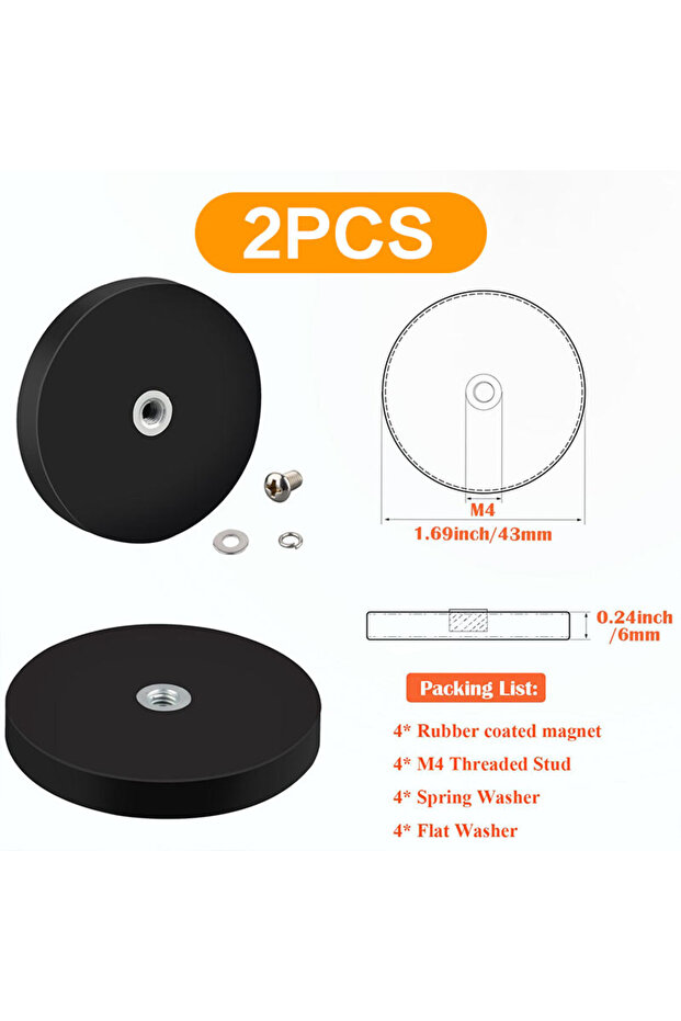 STP43-2pcs Strong Coated Magnets, Neodymium Magnets with M4 Female Thread for Working Lights, Anten
