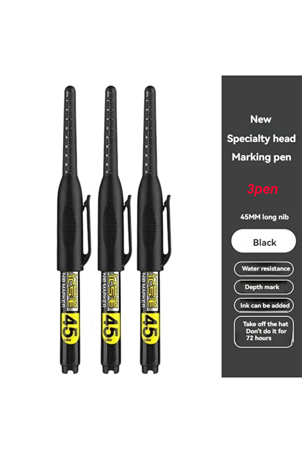 3pcs black pen 45mm Waterproof Deep Hole Marker Pens Long Nib Head Carpenter Pen White/Black/Blue In