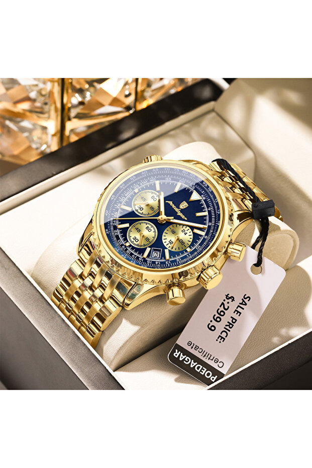 960 Gold Blue Luxury Watches For Men Date Chronograph Stainless Steel Man Watch Waterproof