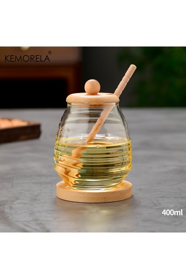 400ML KEMORELA Glass Honeycomb Tank Kitchen Tools Honey Storage Container with Dipper and Lid Honey
