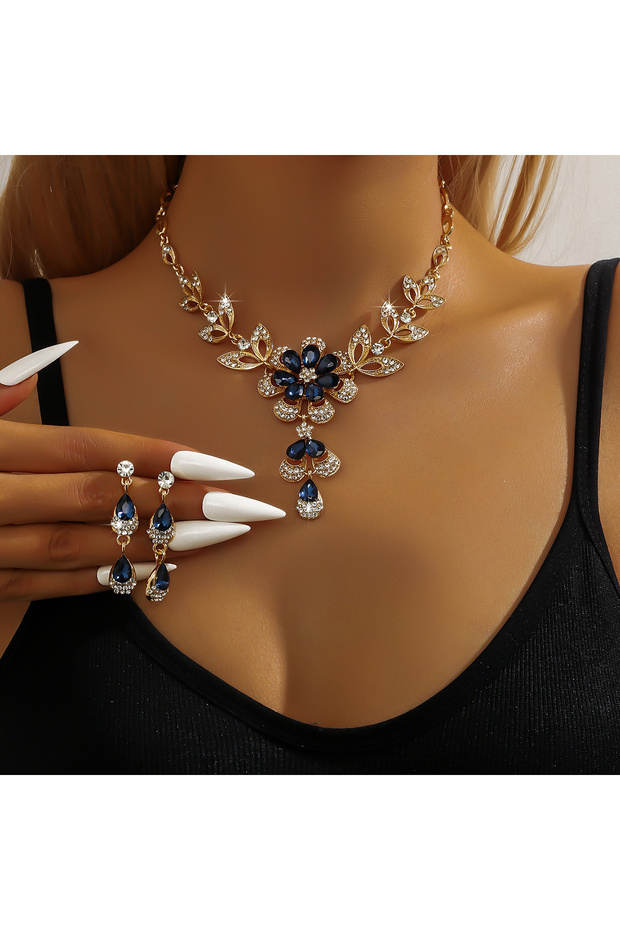 808036-Blue 3PC Women's Fashion Trend Black Gold Flower Necklace Earrings Jewelry Set Wedding Banque