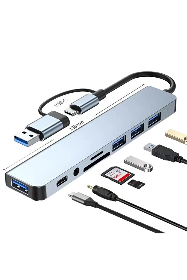 موزع USB 8 في 2 8 في 2 مع قارئ بطاقات مقسم، منفذ USB C، USB 3.0 / 2.0، قارئ بطاقات SD/TF