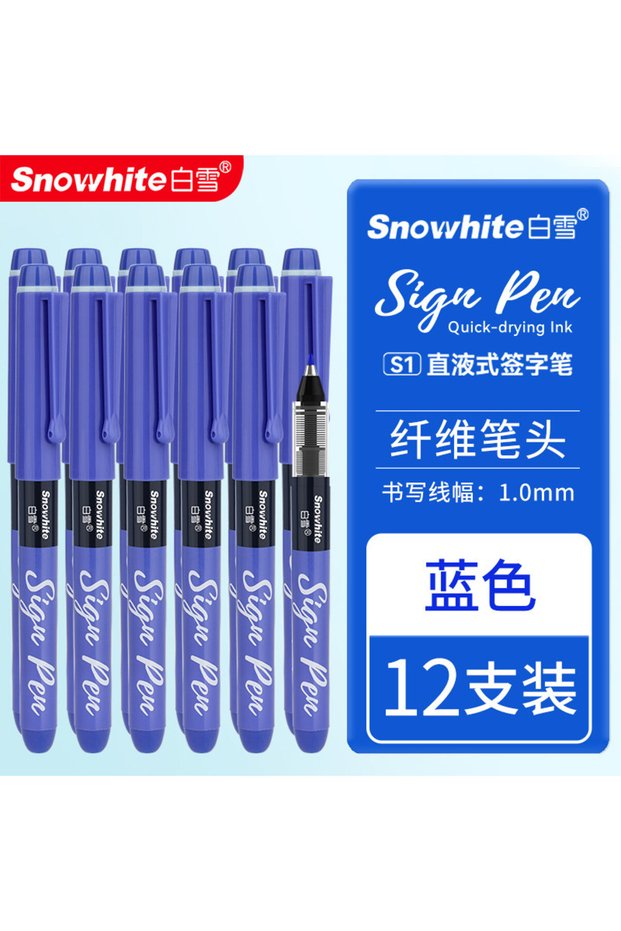 S1-Blue 12Pcs Snowhite Quick-Drying Sign Pen (1.0mm Fiber Tip), Direct Ink Smooth Writing,Business/O