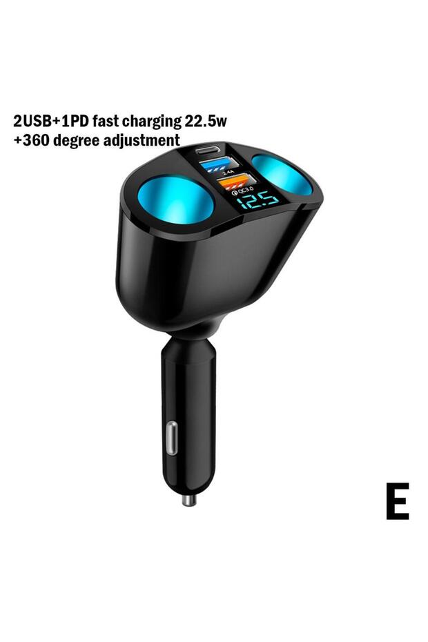 موزع ولاعة سيارة 1PD 22W 2USB-360 بجهد 12V-24V مع إضاءة جو زرقاء وشحن PD QC3.0 بمنفذين USB