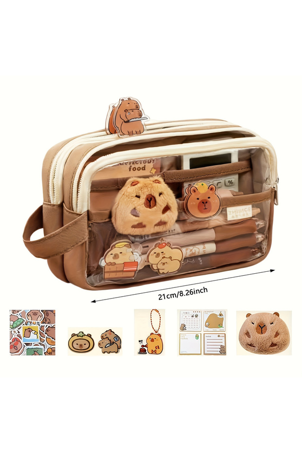 Chocolate Cute Capybara Pencil Case with Lock - Aesthetic Kawaii Canvas Pouch, Clear School Supplies