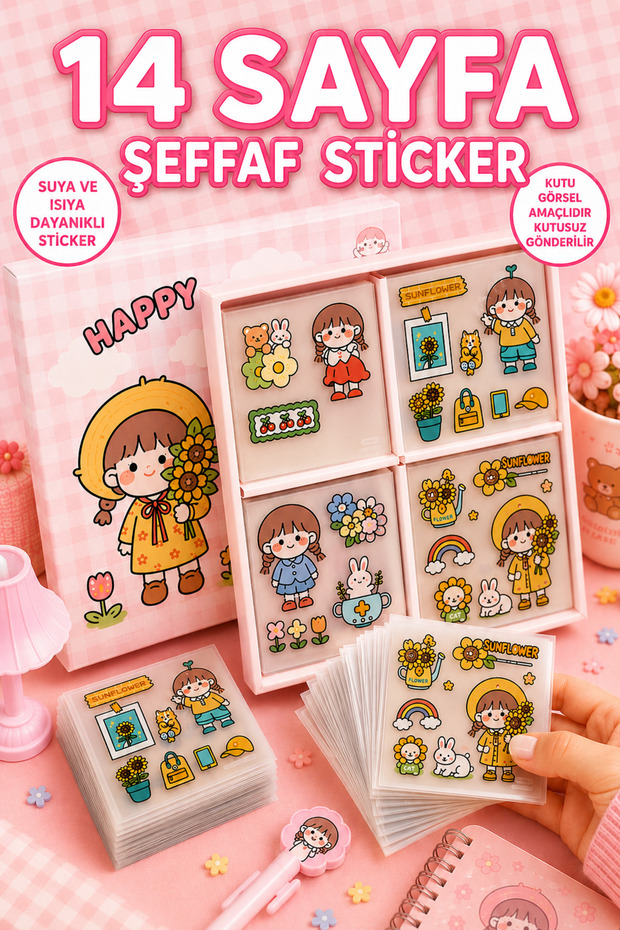 Transparent 14 Sheets Cute Girls Sticker Set - Notebook Laptop Phone Water Bottle Sticker