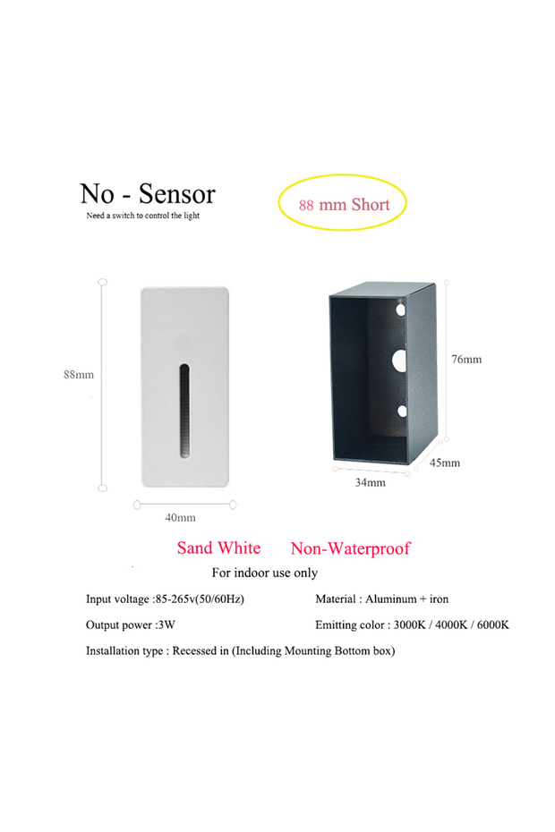 3W Warm White 3000K No Sensor-White88mm Night Led Wall Lamp PIR Motion Sensor Stair Light 3W Slim In