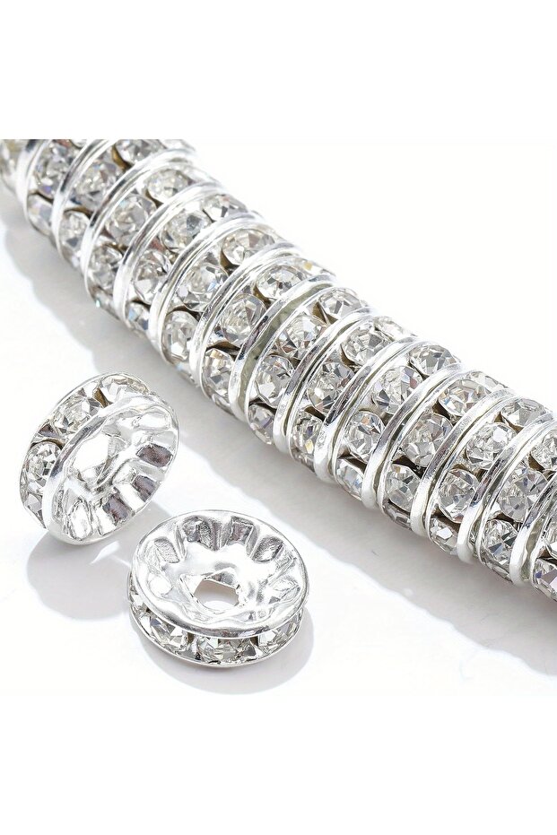 8mm Silvery-White 120pcs 8mm Color Flat Circular Inlaid Water Diamond Loose Spacing Beads, DIY Brace