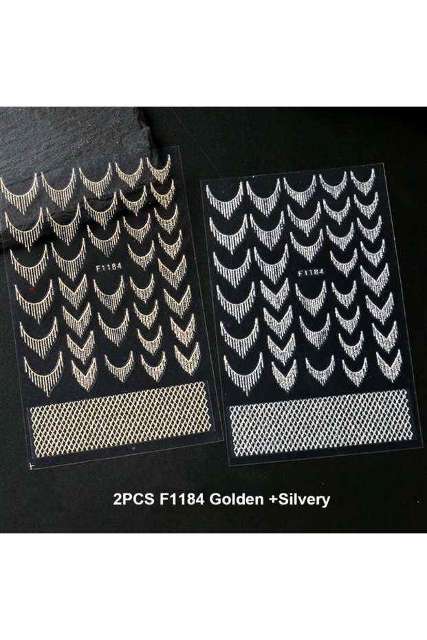 F1184 GoldSilver Reflective Glitter French Nail Art Stickers Sparkly Gold Silver Tassel Line Geometr