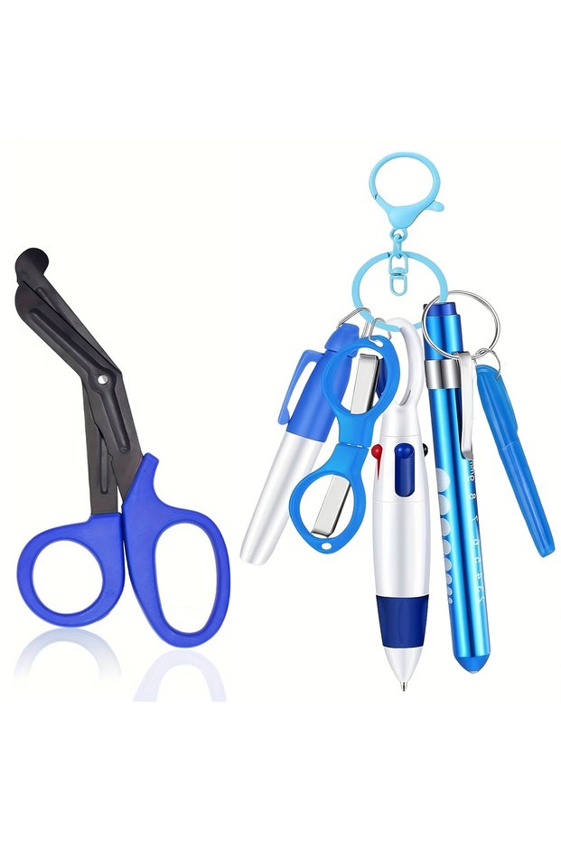 Blue 1 Set/8 Pcs: (Keychain, Key Ring, Ballpoint Pen, Pen Light (Battery Not Included), Large Scisso