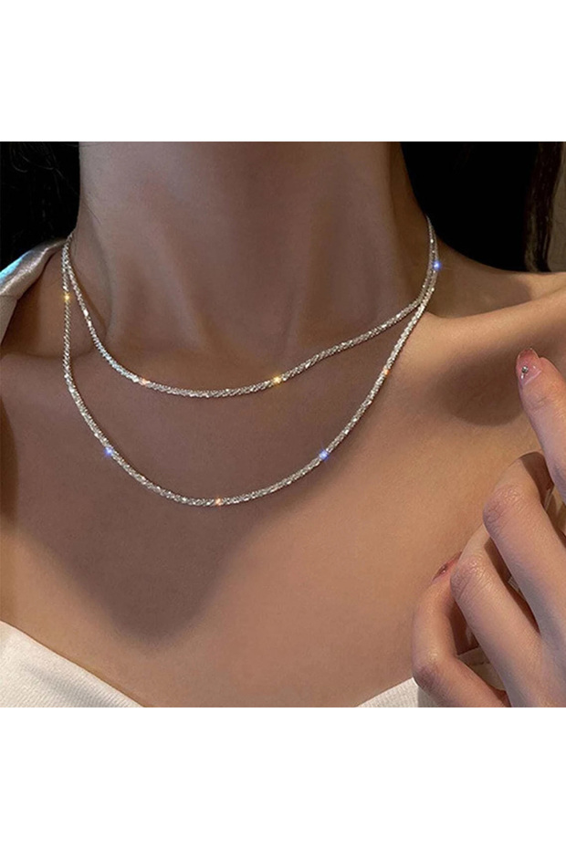2Pcs Necklace Shiny Sparkling Necklace Bracelet Set For Women Girls Minimalist Silver Plated Clavicl