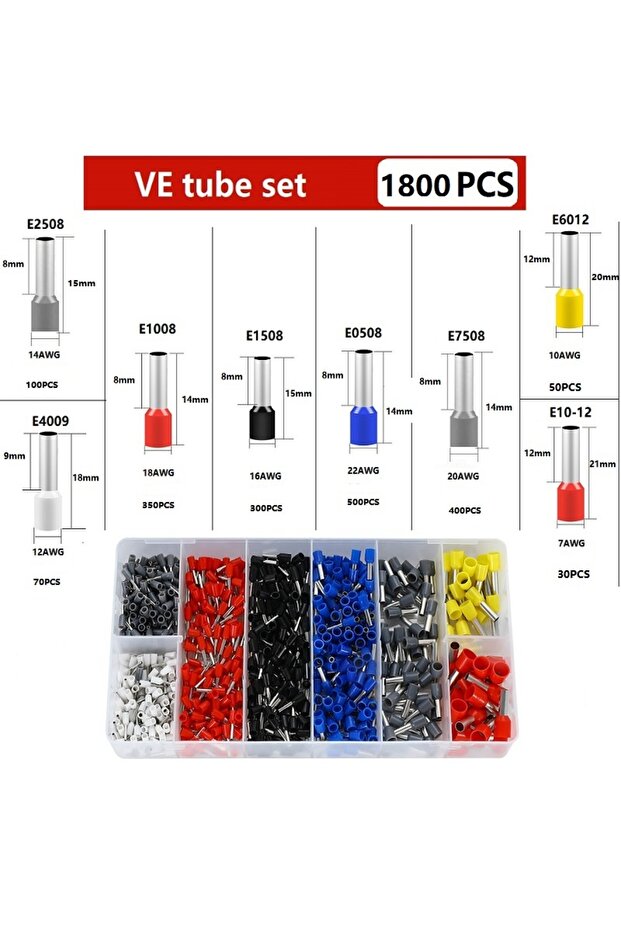VE1800PCS 200-2000 قطعة موصلات أسلاك متينة معزولة، أطراف توصيل بالضغط البارد