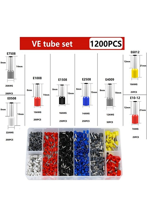 VE1200PCS 200-2000 قطعة موصلات أسلاك متينة معزولة قابلة للكبس البارد