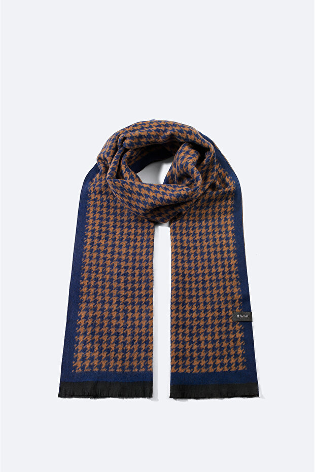 Men's Navy Blue Tasseled Houndstooth Patterned Shawl A32Y9407