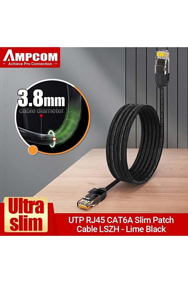 كابل شبكة Cat6a أسود فائق النحافة من AMPCOM بطول متر واحد، 3.8 مم LSZH UTP RJ45 LAN شبكة إنترنت عالية