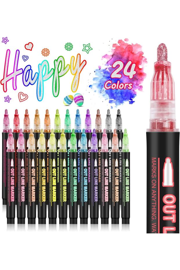 24Pcs 12-48 Colors Double Line Outline Metallic Highlighter Pens – Magic Glitter Drawing Markers, Wa