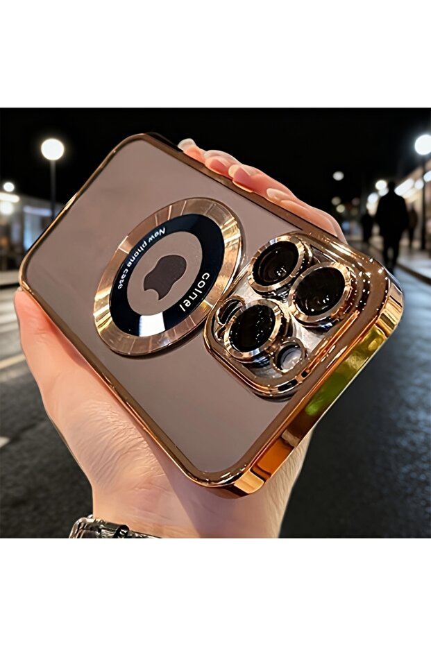 حافظة حماية شفافة مطلية باللون الذهبي لهاتف iPhone 14 Pro Max مع شحن لاسلكي مغناطيسي فاخر