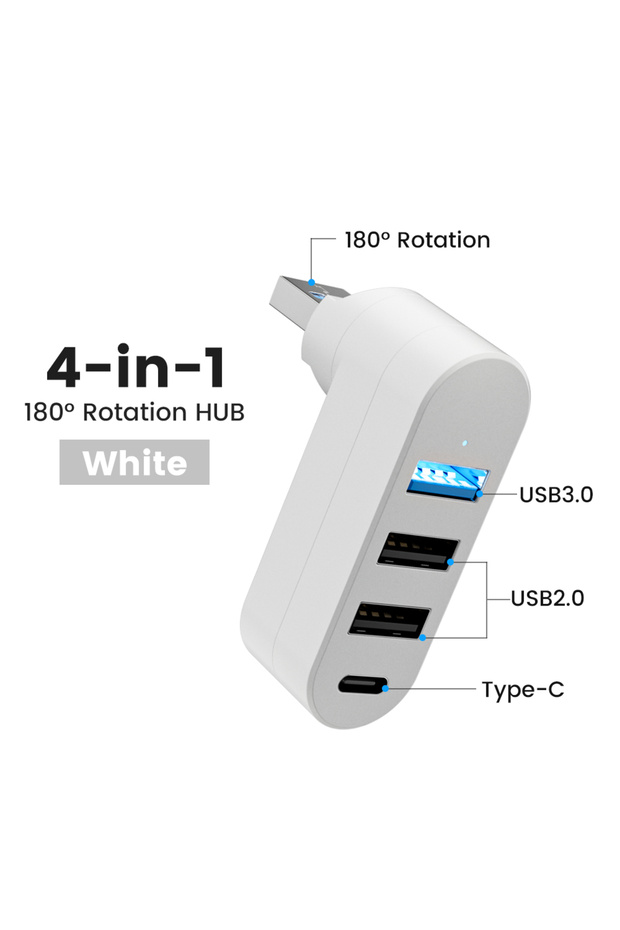 White Elough Mini 180° Rotatable 4 Ports USB 3.0 2.0 Hub Type C High Speed Data Transfer U Disk Spli