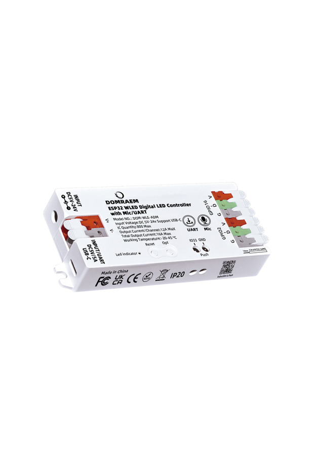 DOM-WLE-ADM أبيض DOMRAEM ESP32 WLED USB-C وحدة تحكم LED قابلة للعنونة مع ميكروفون موسيقى/UART يدعم W