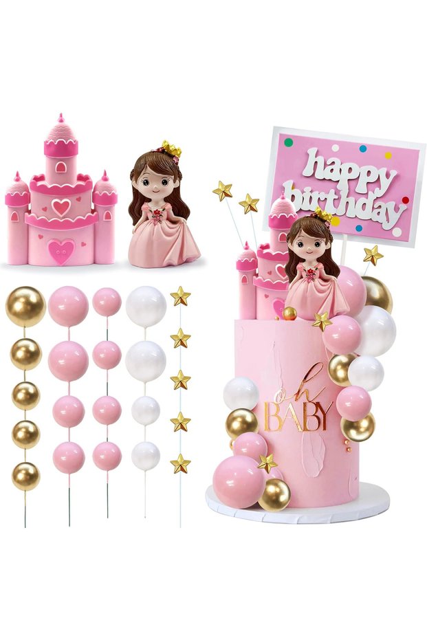 27pcs style1 Star Castle Ball Cake Topper Girl Princess Cake Topper Happy Birthday Cake Decoration f
