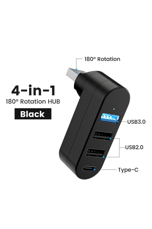 Black Elough Mini 180° Rotatable 4 Ports USB 3.0 2.0 Hub Type C High Speed Data Transfer U Disk Spli