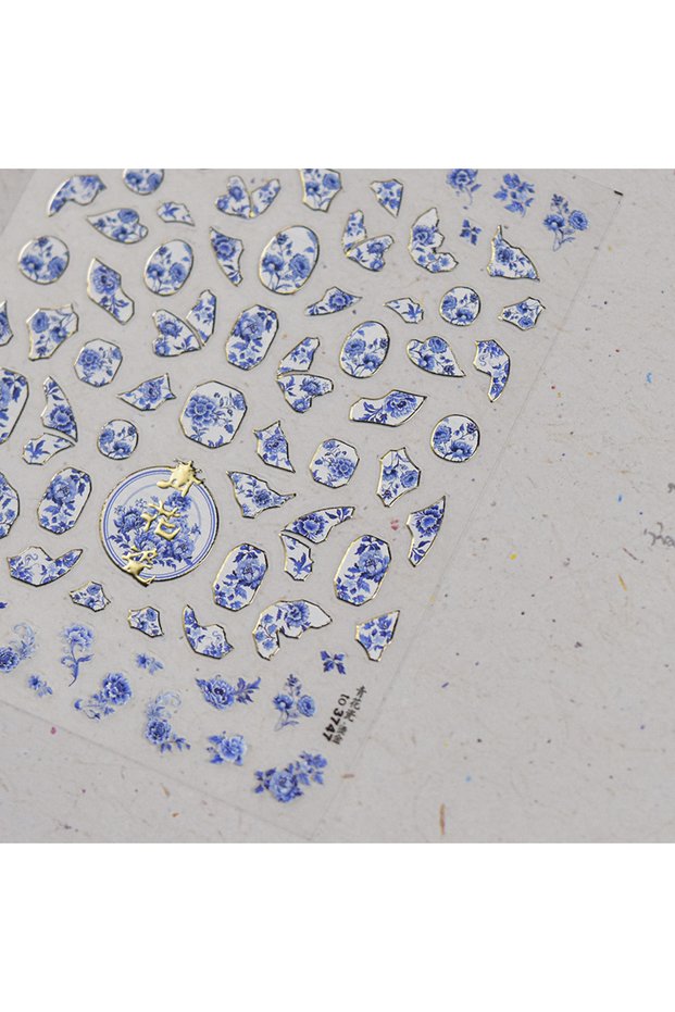 1pcs Traceless Blue White Porcelain Nail Art Stickers Chinese Style Flower Butterfly Self Adhesive N