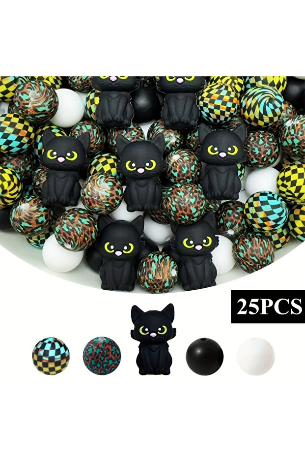 25PCS-style 2 6/25/30PCS Cute Kitten Silicone Bead Set, Perfect for DIY Handmade Crafts Such as Keyc