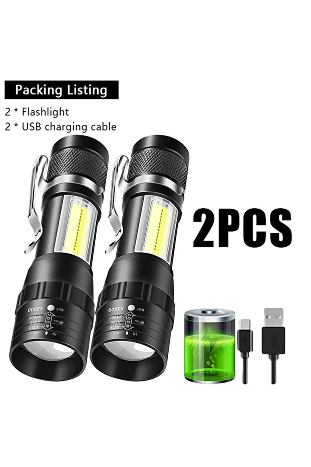 2pcs USB Rechargeable Mini Flashlight COB+XPE Portable Built-in Battery Zoomable Small Torch 3 Mode