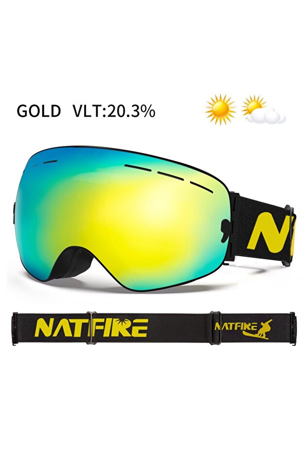 Gold NATFIRE Ski Goggles Double Layers Anti-fog UV400 Snowboard Snow Goggles Snowmobile Glasses Eyew