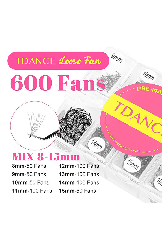 مزيج 8-15 مم 0.07 مم D 8D TDANCE 600 مروحة مروحة فضفاضة مختلط الطول رفيع متوسط القاعدة حاد مدبب الساق قبل
