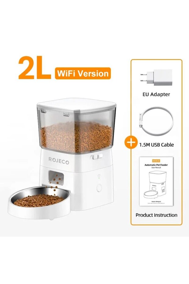 White With EU Plug ROJECO 2L Automatic Cat Feeder WIFI Smart Pet Food Dispenser For Dry Food Dogs Ki