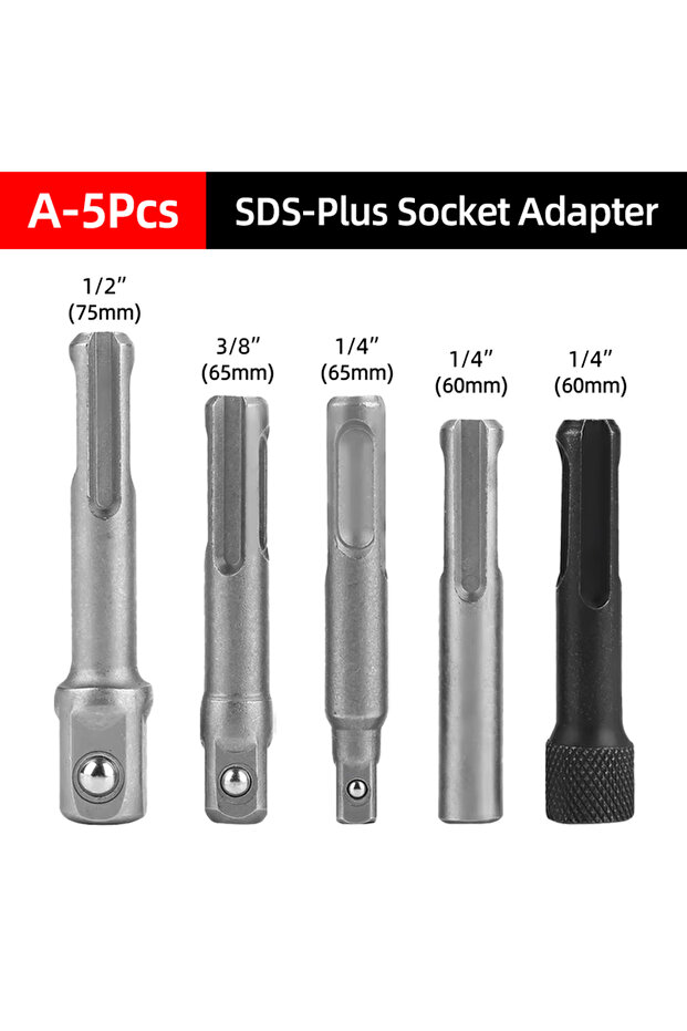 A-5Pcs-Grey 1/4"3/8"1/2" SDS Plus Socket Driver Drill Quick Change Hex Extension Adaptors Connector