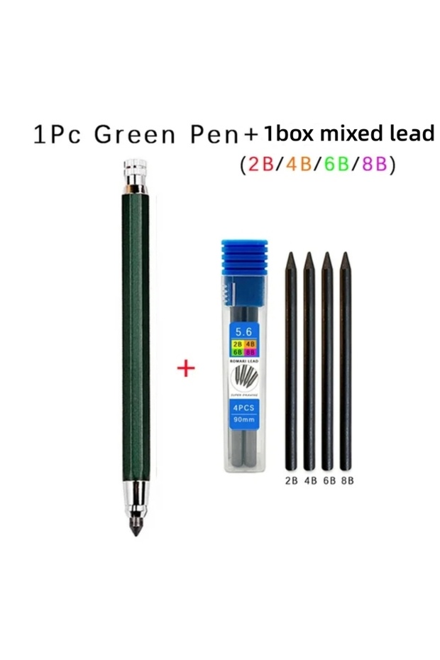 Green Set 5.6mm Metal Drawing Pencil with 2B 4B 6B 8B Leads Set Professional Art Sketch Mechanical P