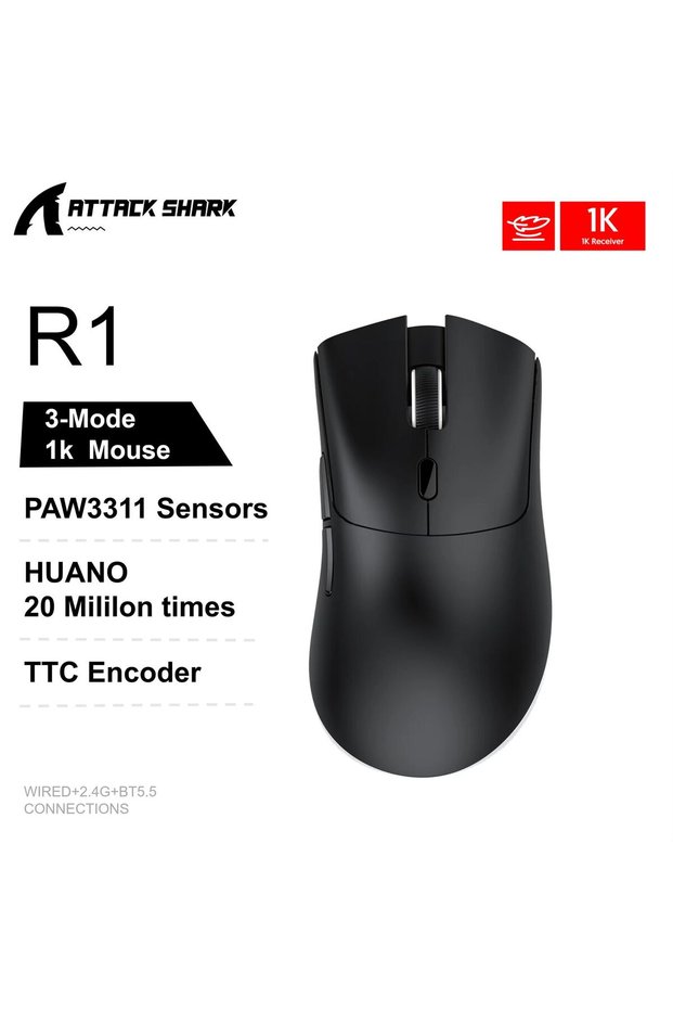 R1-Black Attack Shark X11&R1 Tri Mode Bluetooth Wireless Mouse With Charger Base Rgb Ergonomics Mice