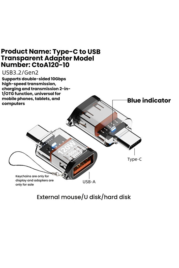 محول Transparent-C-U PHONEPACE USB 3.2 إلى Type C، يدعم الشحن السريع OTG بقدرة 120 واط، ويدعم نقل بيانات عالي السرعة بسعة 10 جيجابايت.
