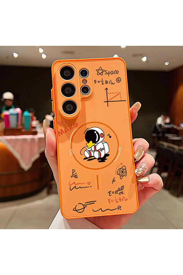 Galaxy S26 Ultra A123 Orange Astronaut Pattern Magnetic Phone Case For S25 S26 Ultra S24 S23 FE A5