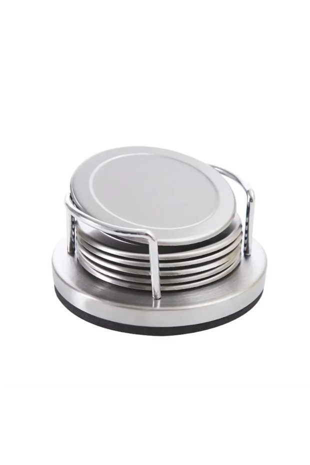 Silver 6 Pieces Durable Round Stainless Steel Coaster Silver Non-slip Heat Insulation Mat with Stora