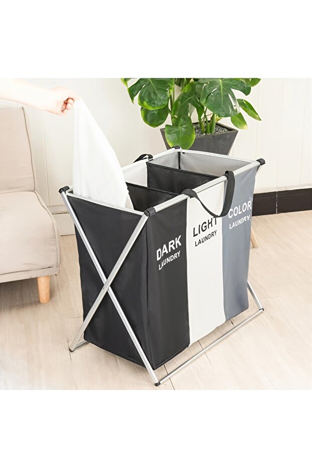 Three compartments Large capacity foldable sorting laundry basket, folding storage basket, suitable