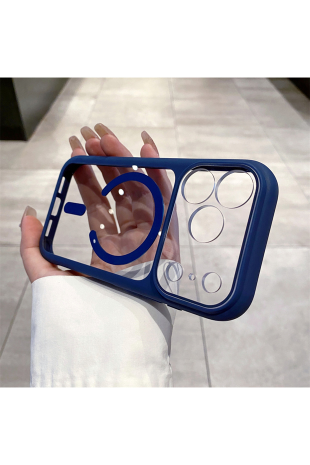 جراب مغناطيسي فاخر شفاف باللون الأزرق الداكن لهاتف iPhone 17 Pro Max و iPhone 17 Air، متوافق مع تقنية MagSafe اللاسلكية.
