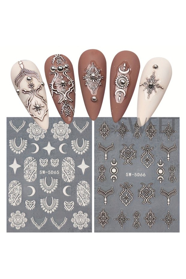 SW-5D65-66 5D Fashion Totem Embossed Nail Stickers Black White Filigree Retro Self Adhesive Decals L