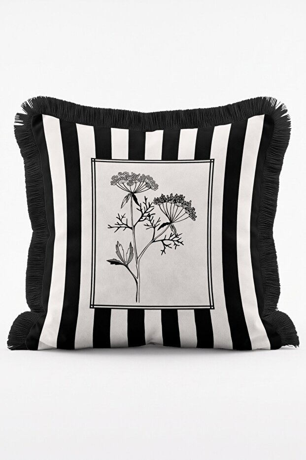 Modern Black and White Striped and Botanical Illustration Detailed Fringed Throw Pillow Cover